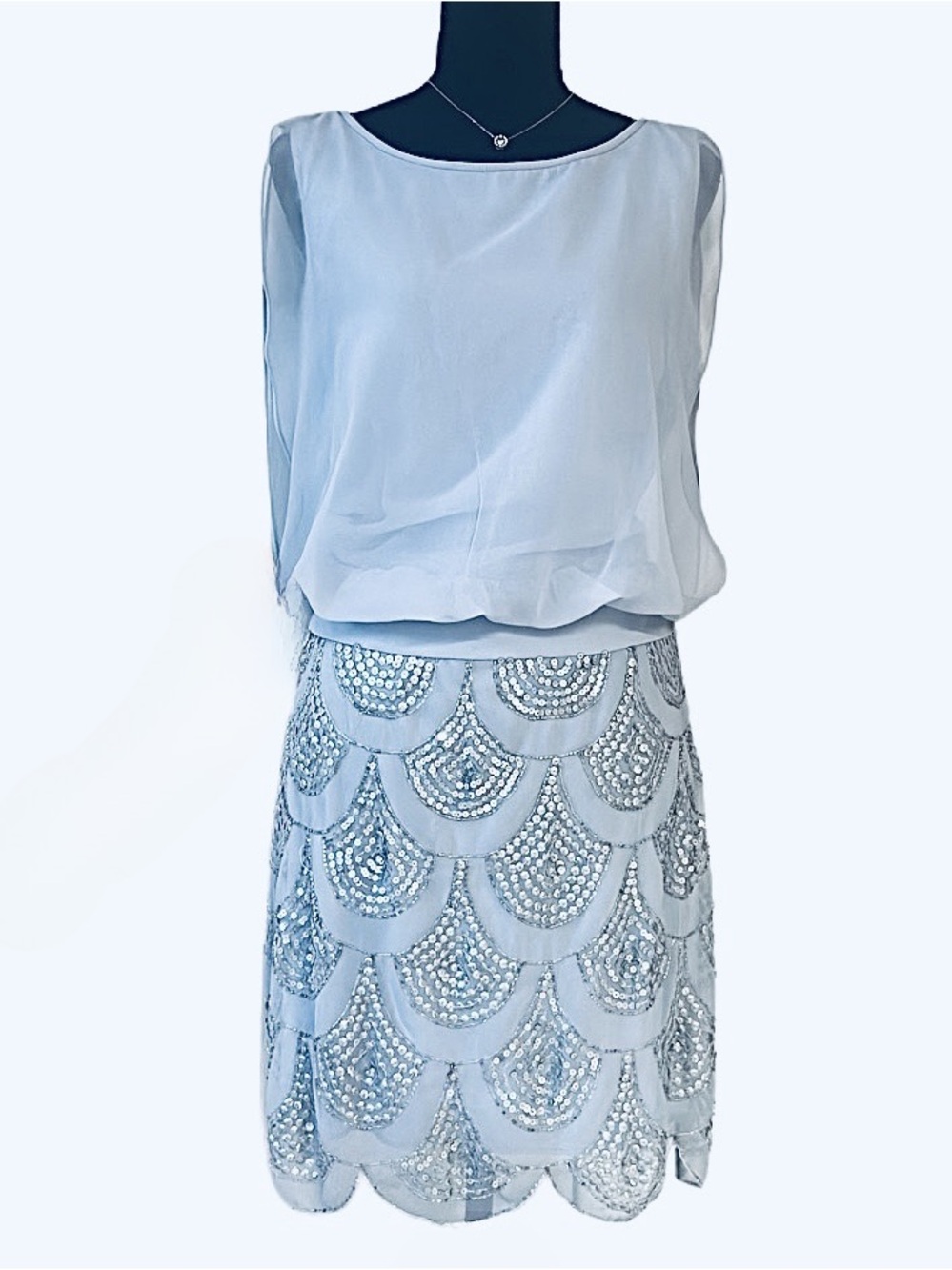 BESTY ADAM ~ Light Blue Dress w/Sequin Scallop Hemline and Chiffon Flowy Top